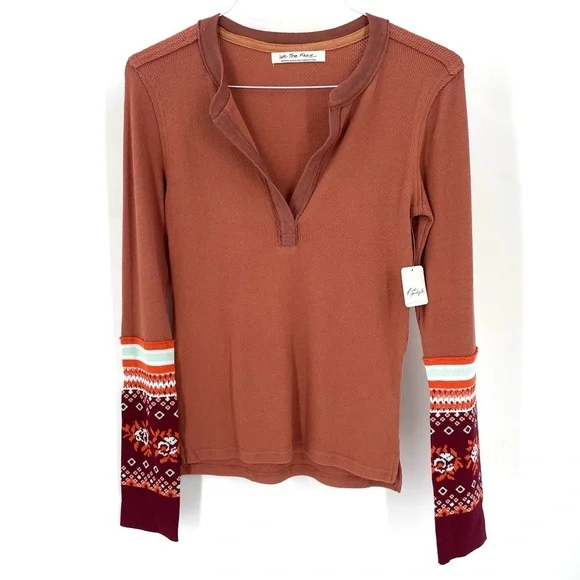 Free People Mikah Notch Neck Boho Long Sleeve Thermal Autumn Orange Printed Cuff - Picture 3 of 9